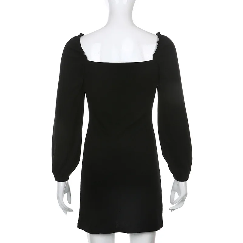 

Y2K White Lace Patchwork Dress Autumn Sexy Black Long Sleeve V-neck Tie Up Vintage Elegant Party Night Club Streetwear Clothes