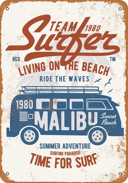 

Tin Metal Sign - Team Surfer Malibu - Rusty Look,12x8 Inches