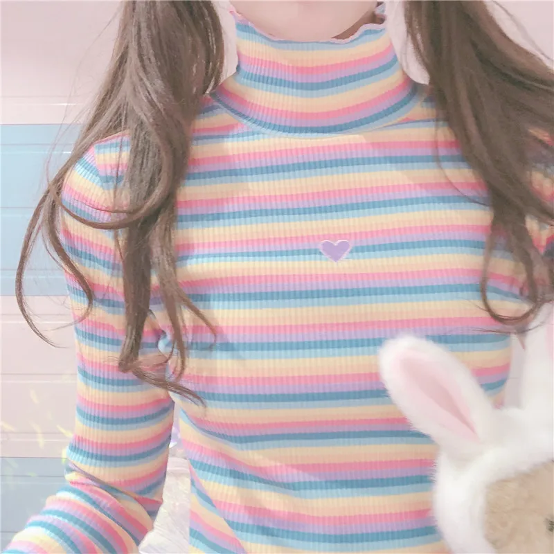 Японские Сладости женские водолазки футболки Harajuku Tumblr радужные полосатые