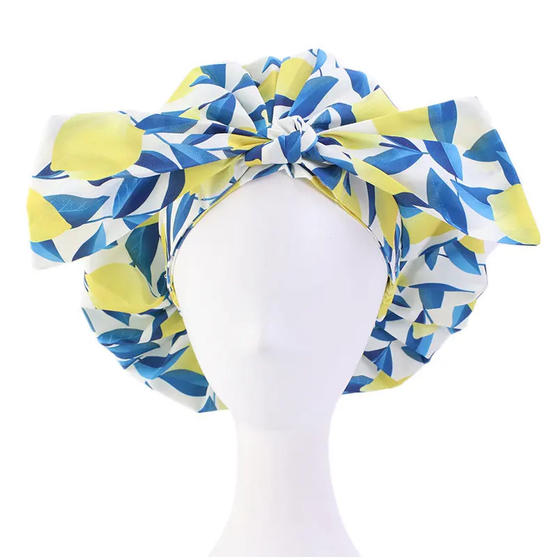 

Ladies Knotted Shower Cap Printing Dry Hair Cap Nightcap Fashion Waterproof Oil Fume Hat Hair Bonnet Hat Head Cover Elastic Band