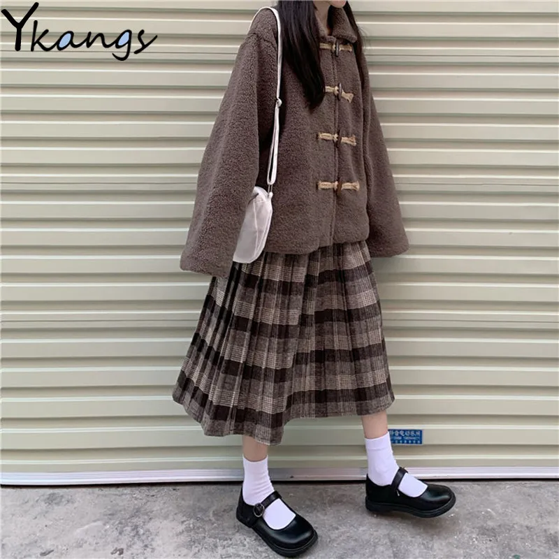 

Женский зимний комплект из 2 предметов, пальто из искусственного меха и шерстяная клетчатая плиссированная юбка, в японском стиле, Осень-зим...