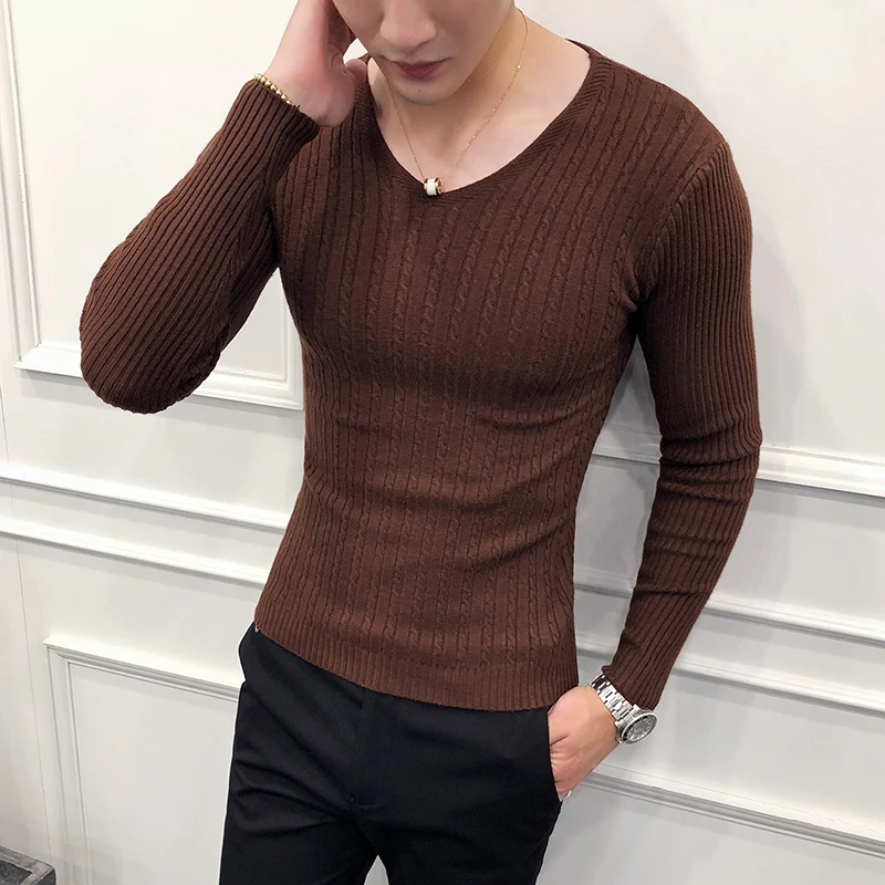 Мужской Повседневный свитер с длинным рукавом Pull Homme приталенный вязаный v