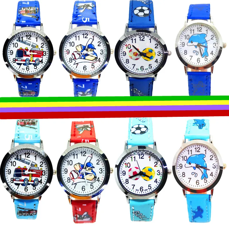 

Children Watch Cartoon Print Leather Strap 4 Styles Dolphin Football Baseball Fire Truck Kids Watches for Boy Girl Gift Clock