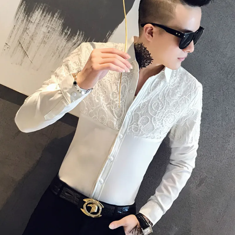 Мужская рубашка с длинным рукавом Camisa Masculina Повседневная приталенная кружевом