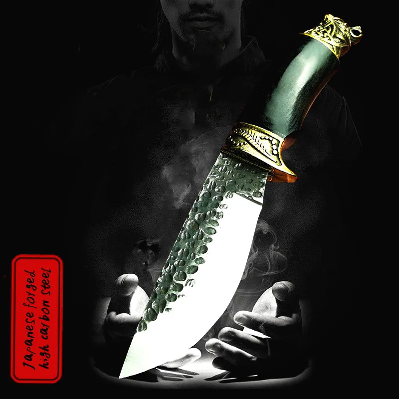 Охотничий нож прямой резец с черной деревянной ручкой и головой тигра для