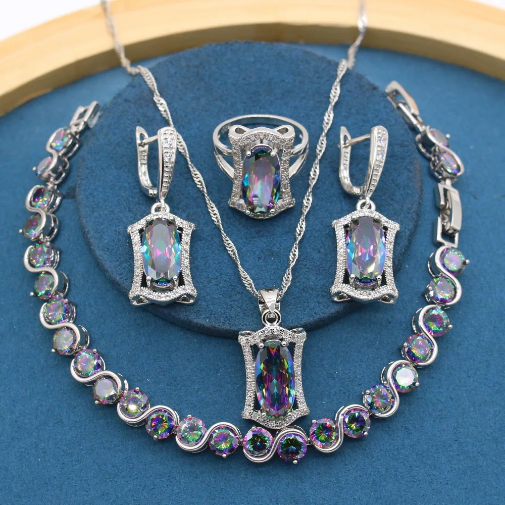 

Trendy Rianbow Zirconia Silver Color Jewelry Sets for Women Bridal Bracelet Earrings Necklace Ring Birthday Gift