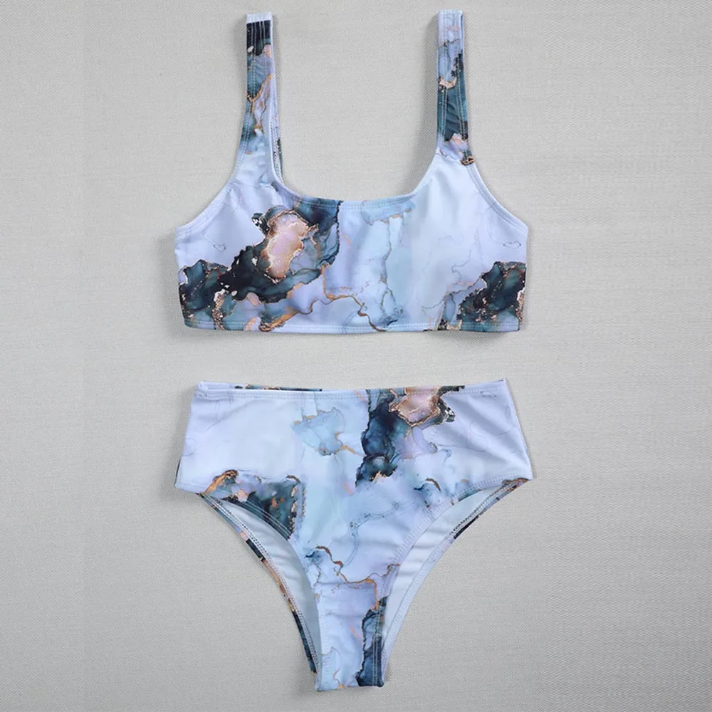 

Women Sexy Marble High Waist Bikinis Swimsuits Push Up Swimwear Strap Bathing Suit Biquini Brazilian Bikini 2021 New Beachwear