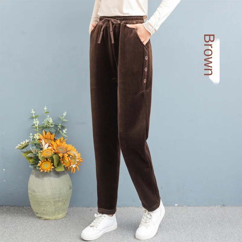 

2021 new corduroy women's pants leggings plus velvet thickening plus size high waist loose wear casual harem carrot trouser