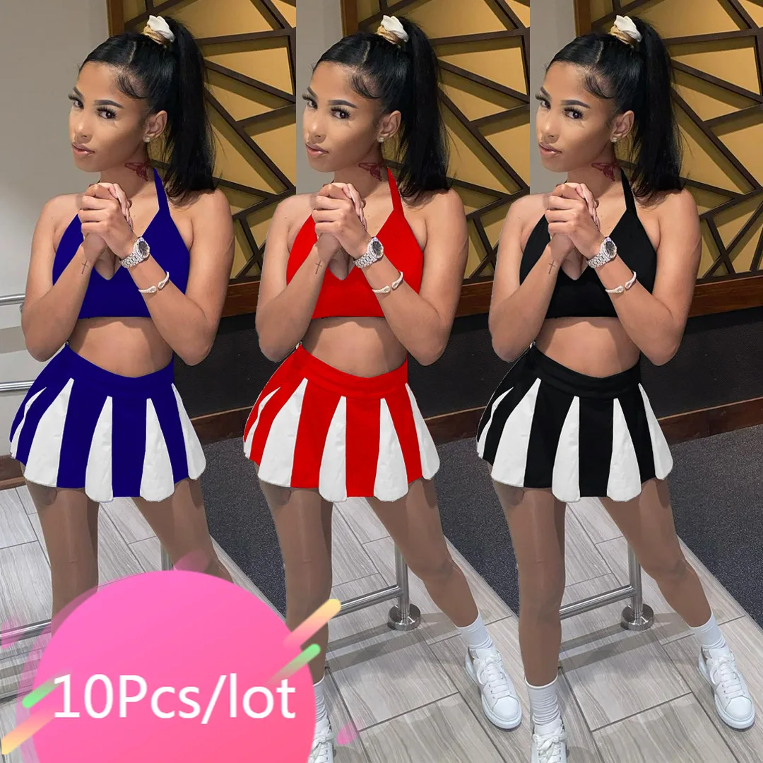 

Bulk Items Wholesale Lots Summer Sporty Women Sets Halter V Neck Crop Top Mini Skirt Suits Sexy Beachwear Vacation Outfits 2021