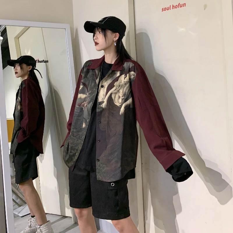 Ulzzang Женские топы и блузки bf принт ins уличная одежда Harajuku Стиль Осень blusas mujer de moda