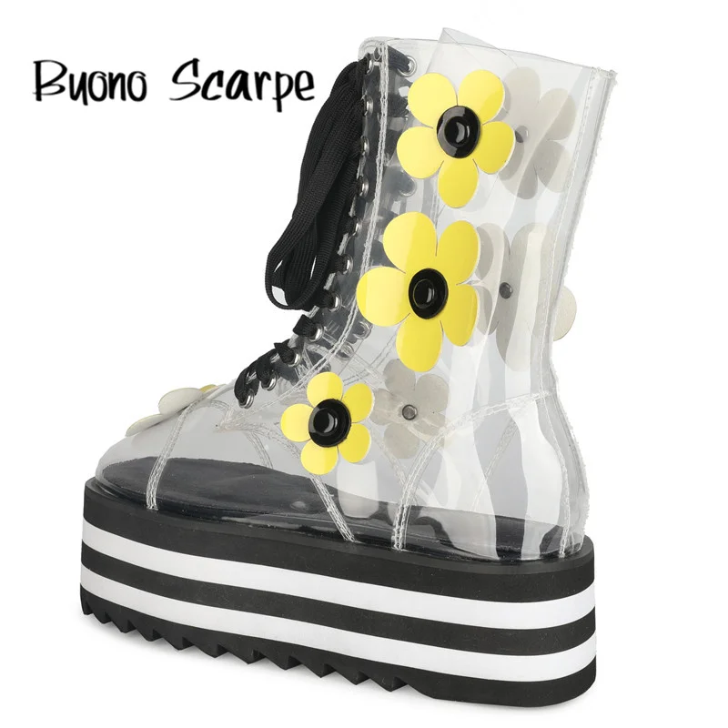 

Rainbow Platform Shoes for Women Boots Thick Bottom High Heels Ankle Boots Clouds Flowers Print Transparent Botas Large Size New