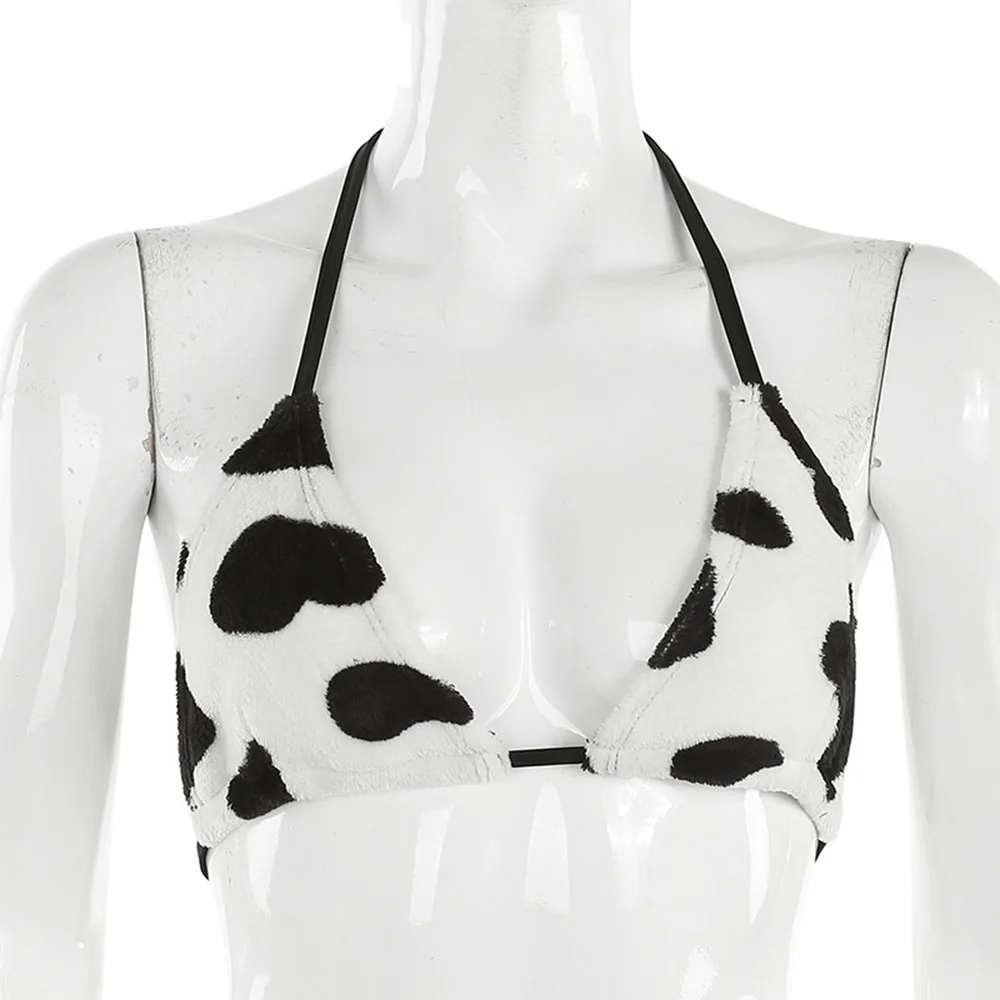 Бюстгальтер женский плюшевый топ на бретелях с вышивкой кота и коровы милый