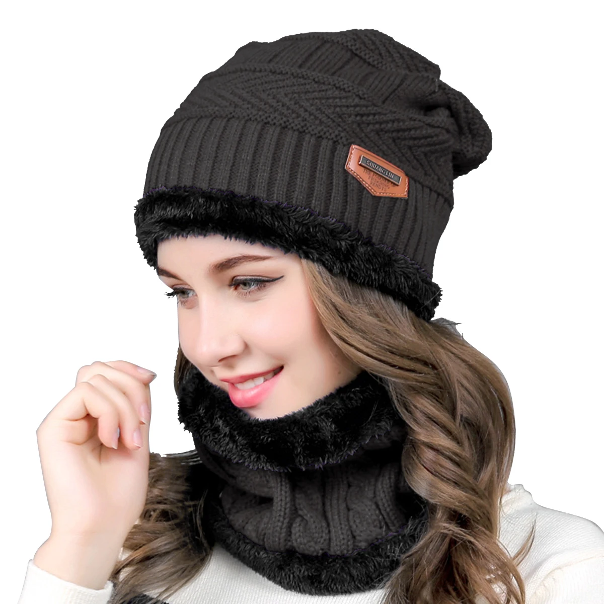 Puseky теплая вязаная шапка шарф набор меховая шерстяная подкладка толстые теплые