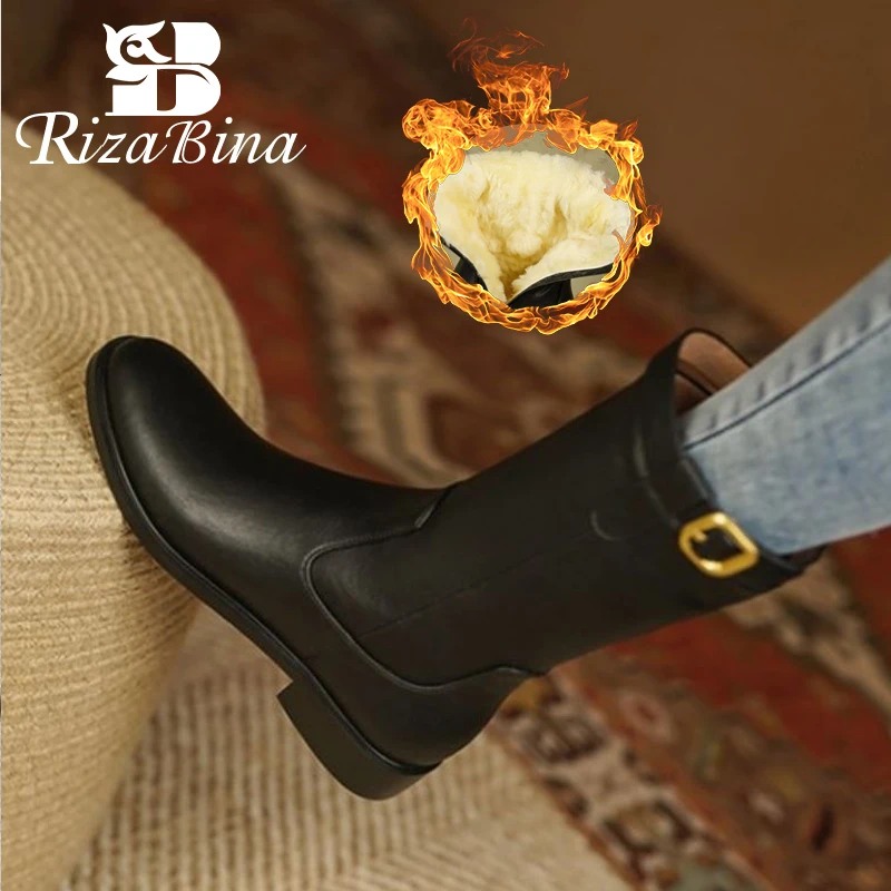 

RIZABINA Size 33-40 Women Mid Calf Boots Real Leather Thick Fur Winter Shoes Woman Fashion Warm Boots Ins Ladies Footwear