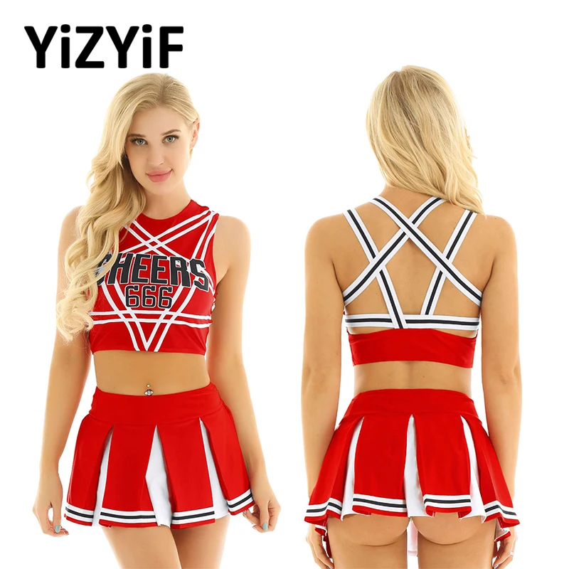 

Women Adult Charming Cheerleader Cosplay Costume Set Sleeveless Pentagram Back Crop Top with Mini Pleated Skirt School Cosplay