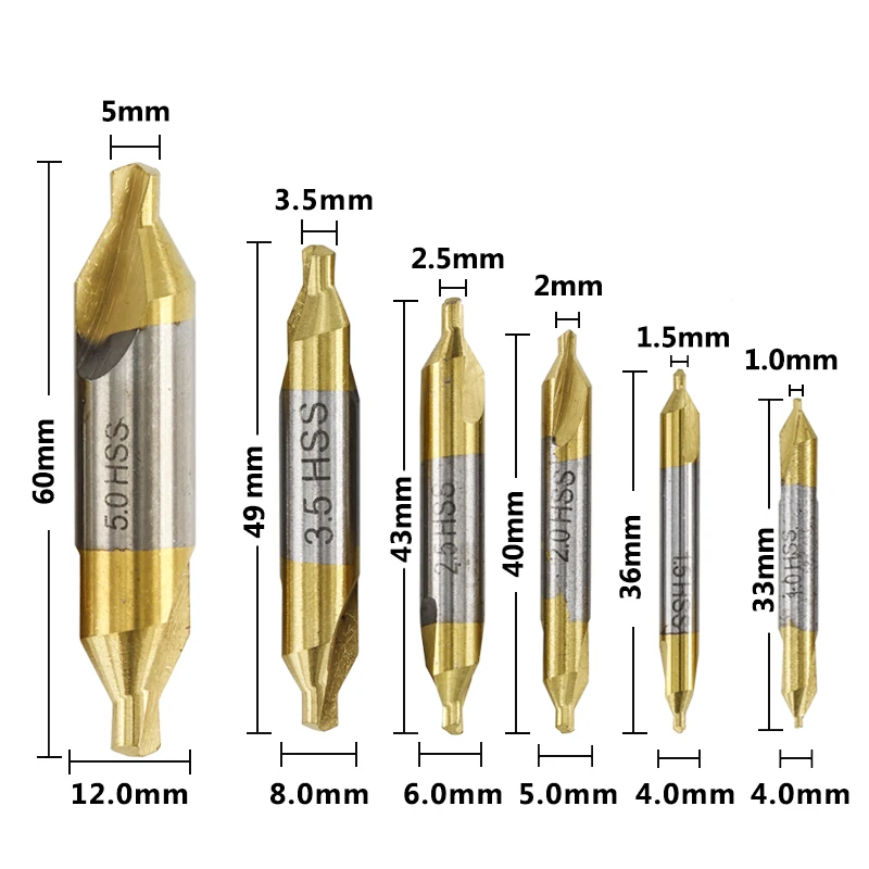 

6pcs HSS Center Drill Bit 1/1.5/2/2.5/3/5mm 60 Degree Titanium Coated Countersink High Speed Steel Drill Bit Set for Wood