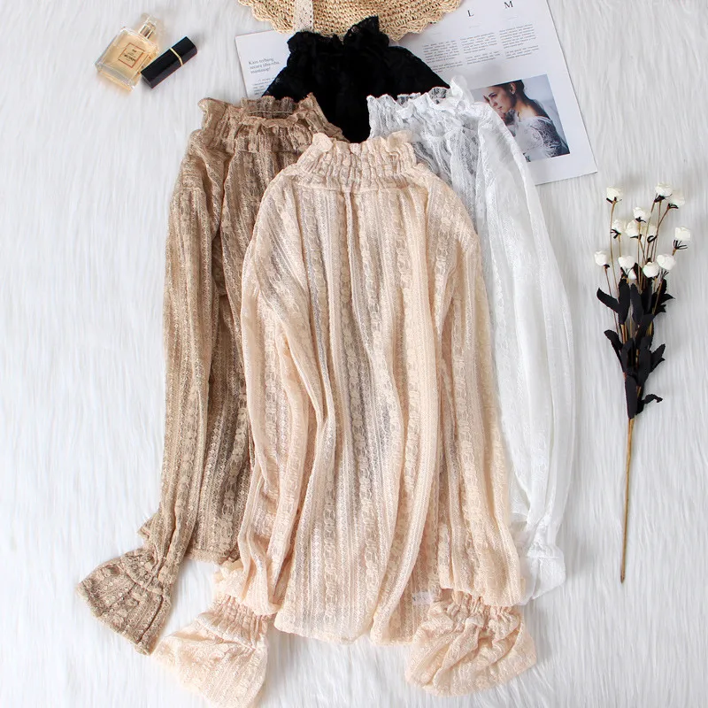 Прозрачная кружевная блузка женская рубашка Женская ажурная сетчатая