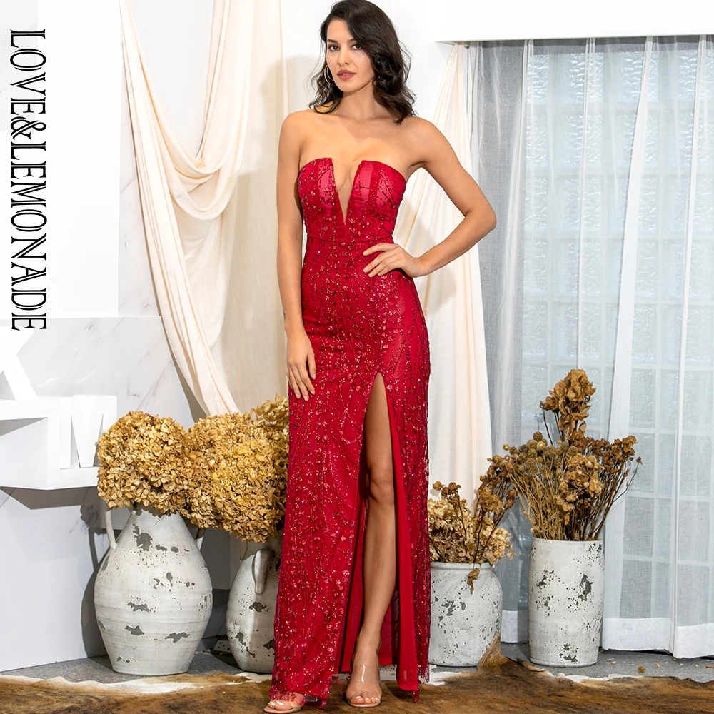 Женское вечернее платье LOVE & LEMONADE облегающее красное с наклеенными блестками и