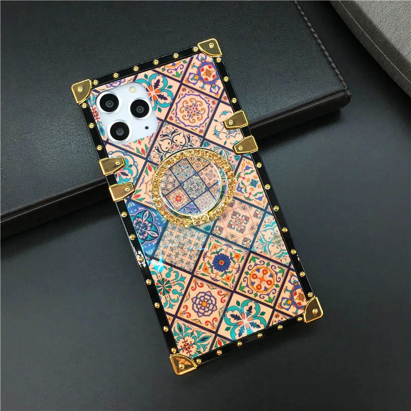 Color 1 with Ring Роскошная квадратная крышка Винтаж в клетку с цветами комплект чехол для samsung Galaxy S10 Lite S8 S9 Plus Note 10 9 8 J4 J6 A10 A7 A20 A50 M10 M20 - Цвет: Color 1 with Ring