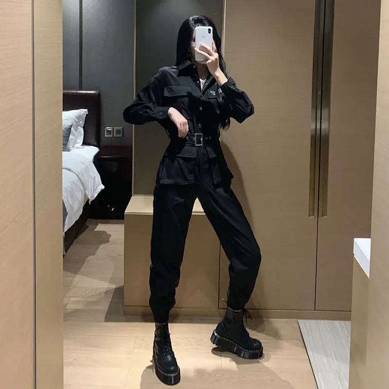 

2020 Women Autumn All-match Jumpsuits Solid Rompers High Waist Harajuku BF Playsuits Safari Style Korean Loose Long Overalls X40