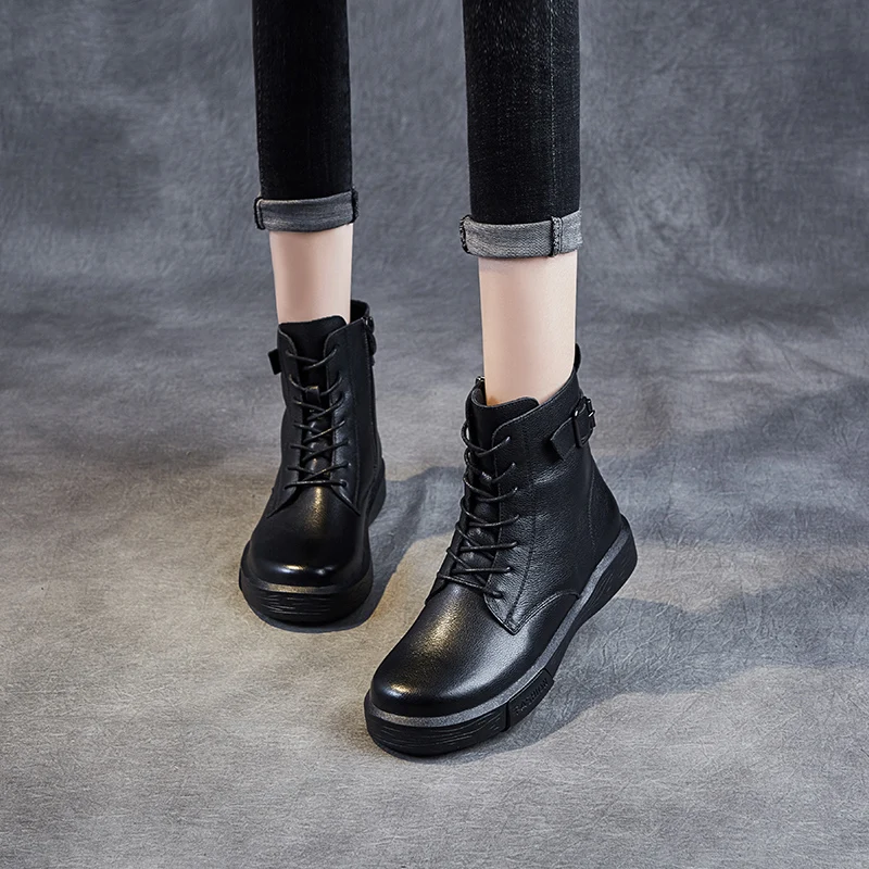 

Flat Ankle Boots Women's Genuine Leather Autumn Winter Retro Cowhide Cotton Shoes Soft Soled Leather Zipper Motorcycle Boots