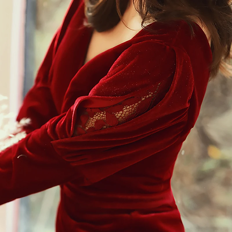 

Burgundy Evening Dresses Full Sleeves Deep V-Neck Plus size A-line Floor-length Simple Elegant New Woman Formal Party Dress A264