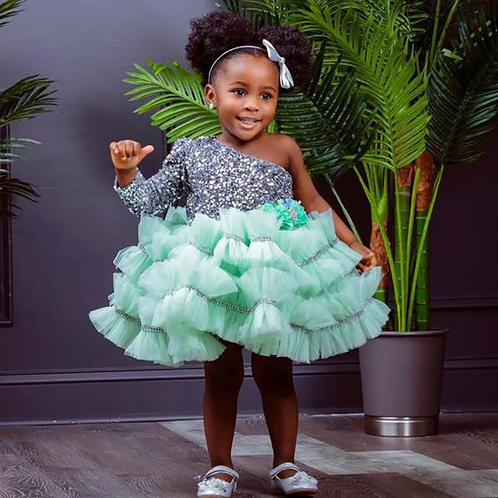 Платья для девочек с цветочным принтом на одно плечо свадебные платья блестками