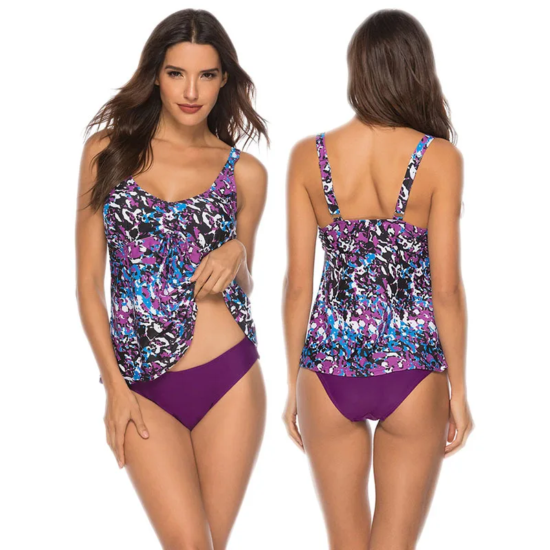 

2020 New Printed Ruffle Halter Tankini Two Piece Swimsuit Purple Thong Bikini Swimming Suit For Women Swimwear Bathing Suit