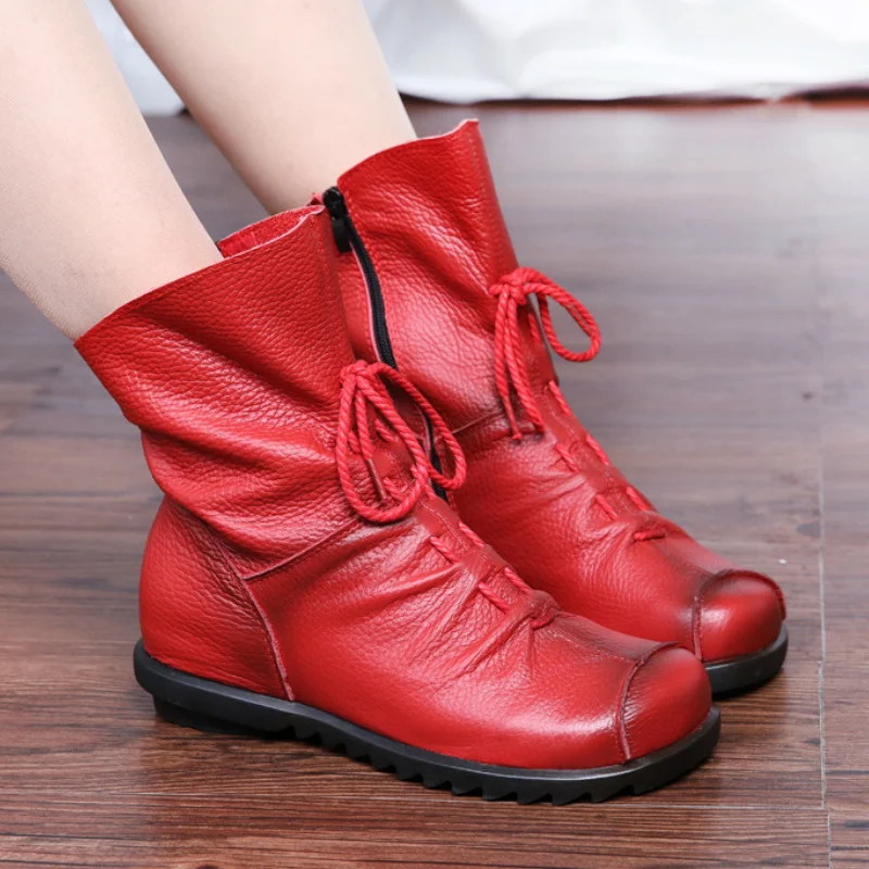 

Зимние женские кожаные ботинки, женские ботинки в винтажном стиле на плоской подошве, ботинки на платформе ручной работы с прошивкой, тепла...