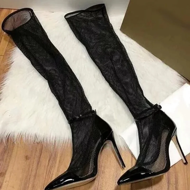 Женские сетчатые Сапоги выше колена с острым носком без застежки на плоской