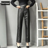 leather pants womens sheepskin sashes design pants autumn winter new elegant genuine leather high waist fashion straight pants
