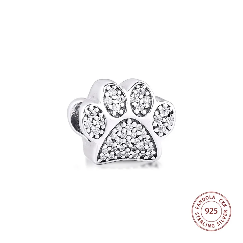 

100% Real 925 Sterling Silver Clear CZ Paw Prints Charms Crystals Beads Fits Original Bracelets DIY Jewelry Making Bijoux Femme