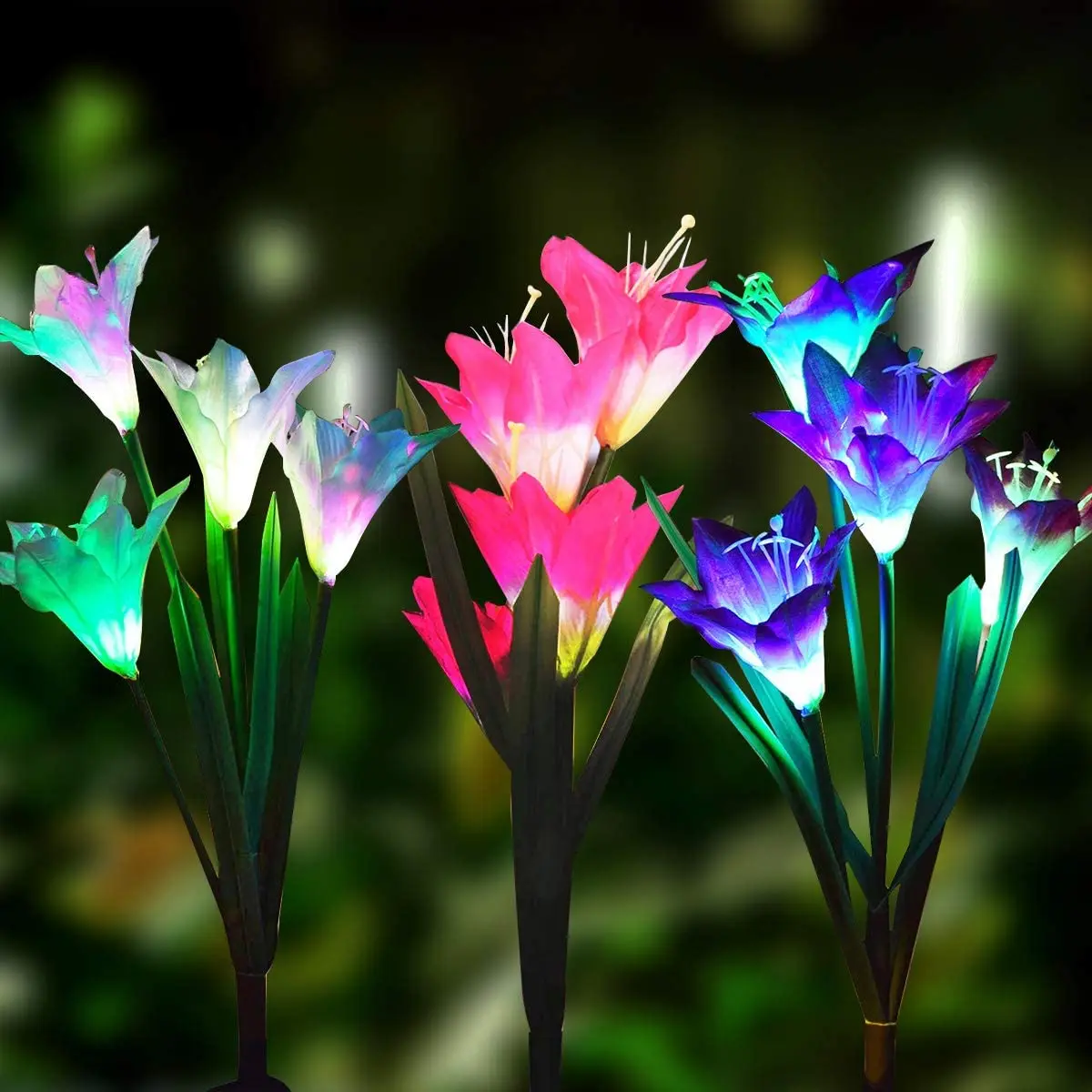 

Solar Lights Outdoor - New Upgraded 3 Pack Solar Powered Garden Lights, Multi-Color Changing Lily Solar Flower Lights for Patio,