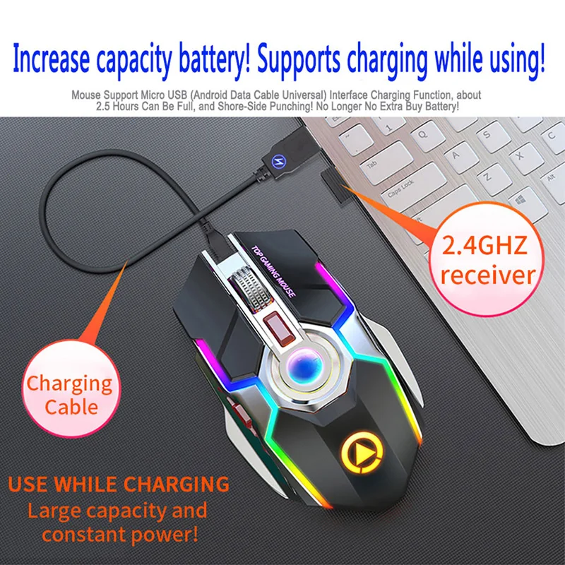 gaming mouse rechargeable wireless mouse silent 1600 dpi ergonomic rgb led backlit 2 4g usb receiver mouse for laptop computer free global shipping