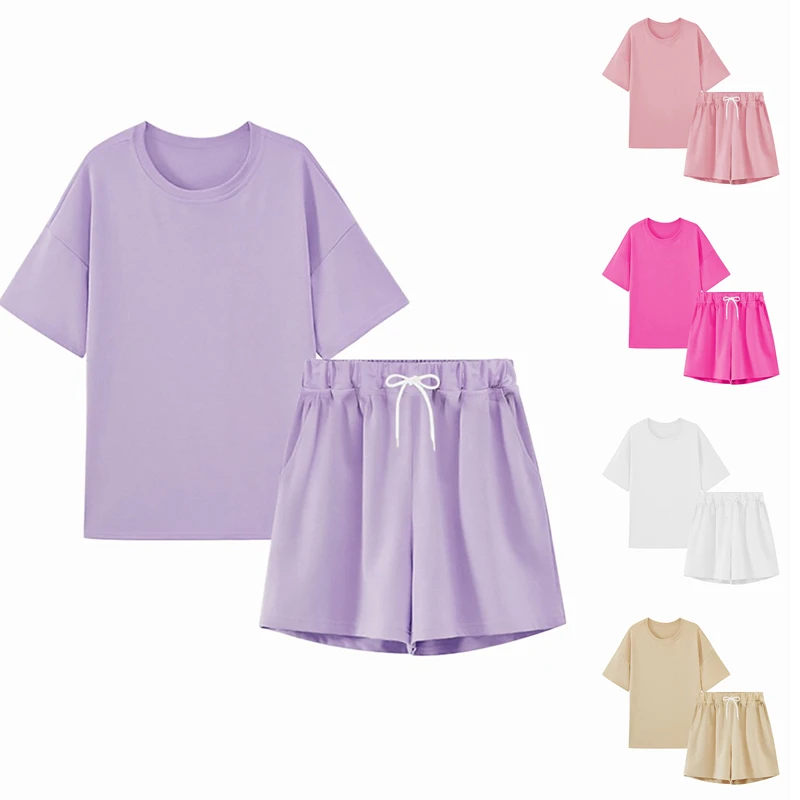 

Tracksuit Womens 2 Pcs Set Yoga Outfits Cotton Oversized T-Shirts High Waist Shorts Candy Color Sportswear Sport Suit Female