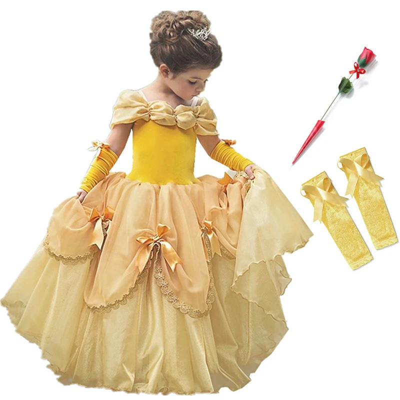 Dress Set1 Платье принцессы Белль для девочек; Детские костюмы; бальное платье с цветочным рисунком; Детский карнавальный костюм Беллы красавицы и чудовища; вечерние платья - Цвет: Dress Set1