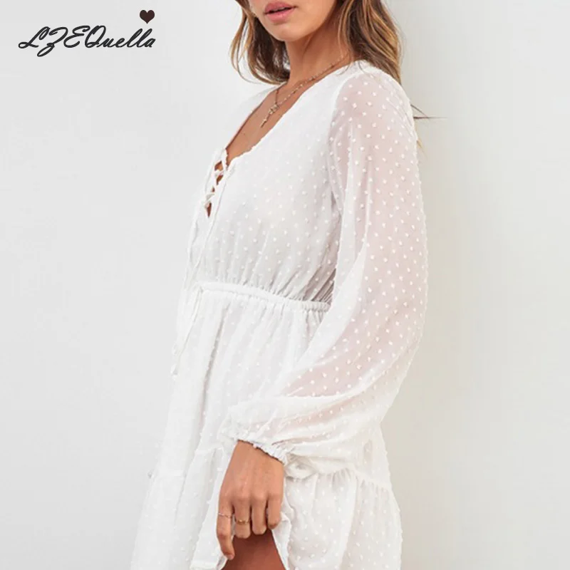 Женское шифоновое мини платье LZEQuella вечерние кружевные платья с длинным рукавом