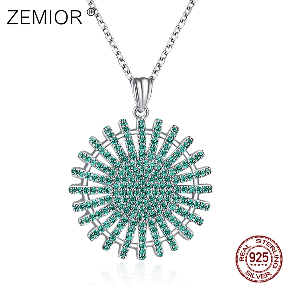 

ZEMIOR Fashion Hollow Necklace For Women 925 Sterling Silver Green Cubic Zirconia Round Flower Jewelry Trendy Pendant Necklaces