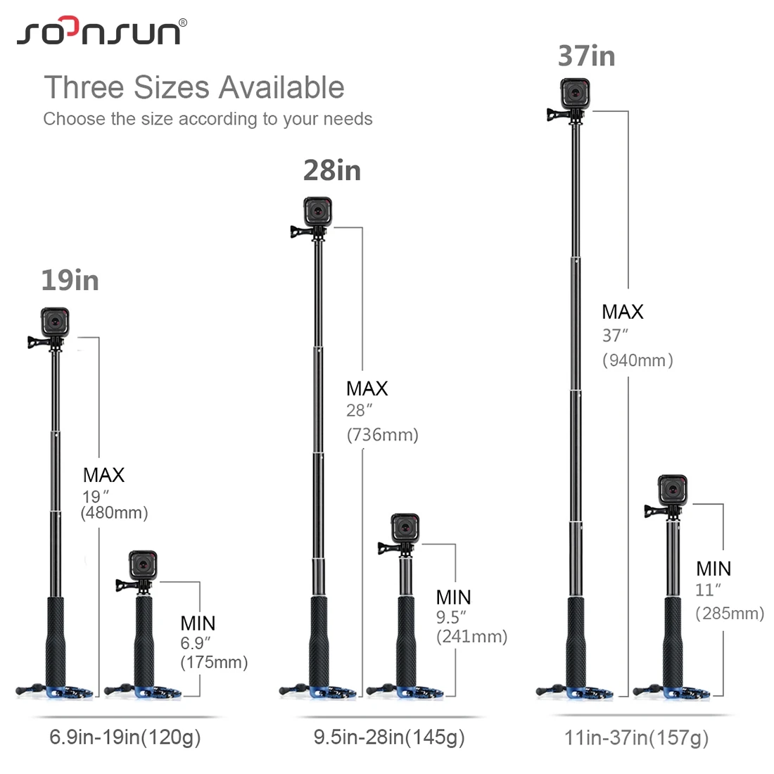 SOONSUN водонепроницаемый Выдвижной шест палка для селфи GoPro Hero 12 11 10 9 8 7 ручной