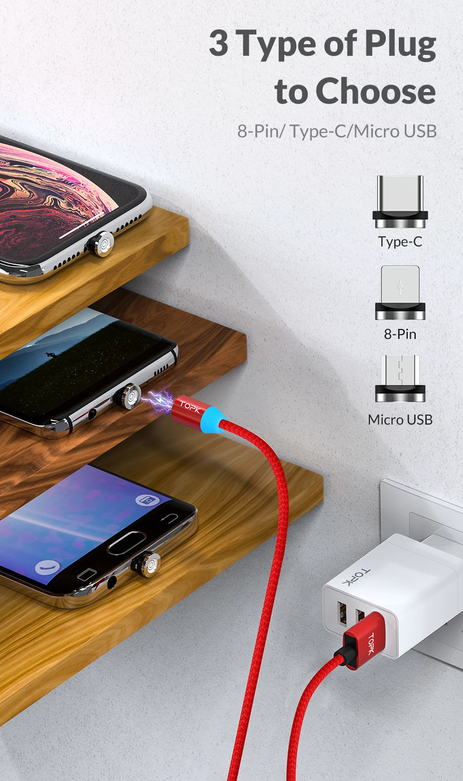 TOPK AM37 Быстрая зарядка Магнитный зарядный кабель mi cro usb type C кабель для iPhone X Xs Max 11 8 7 6 Xiaomi mi note 10 телефонные кабели