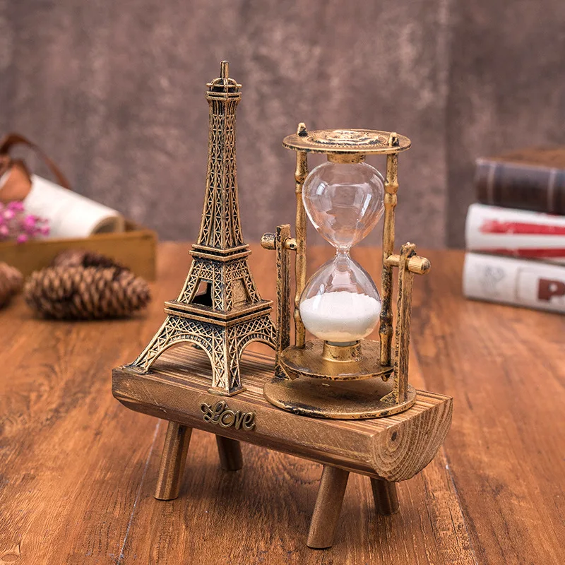

Creative Retro Iron Tower Hourglass Ornaments Simple and Modern Home Study Wooden Pendulum Hourglass Ornaments Home Decoration