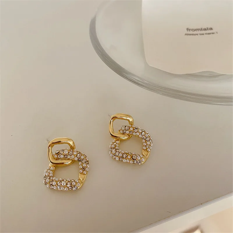 Висячие серьги с жемчугом в стиле барокко, стразы, для женщин, геометрические серьги, корейские ювелирные украшения