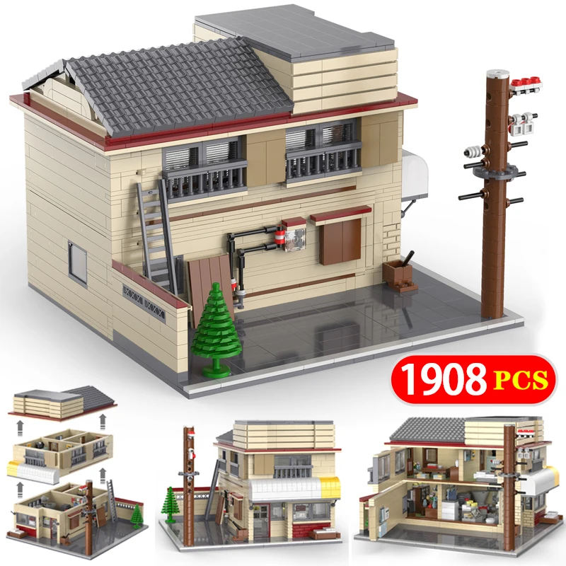 

1908pcs City Street View Japanese Style Tofu Store Double Layer Shop Building Blocks MOC House Architecture Bricks Toys For Kids