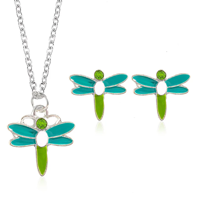 

Trendy Two-Piece Set Jewelry Creative Dragonfly Pendant Necklace Ear Stud Women's Simple Insect Korean Earrings Accessories