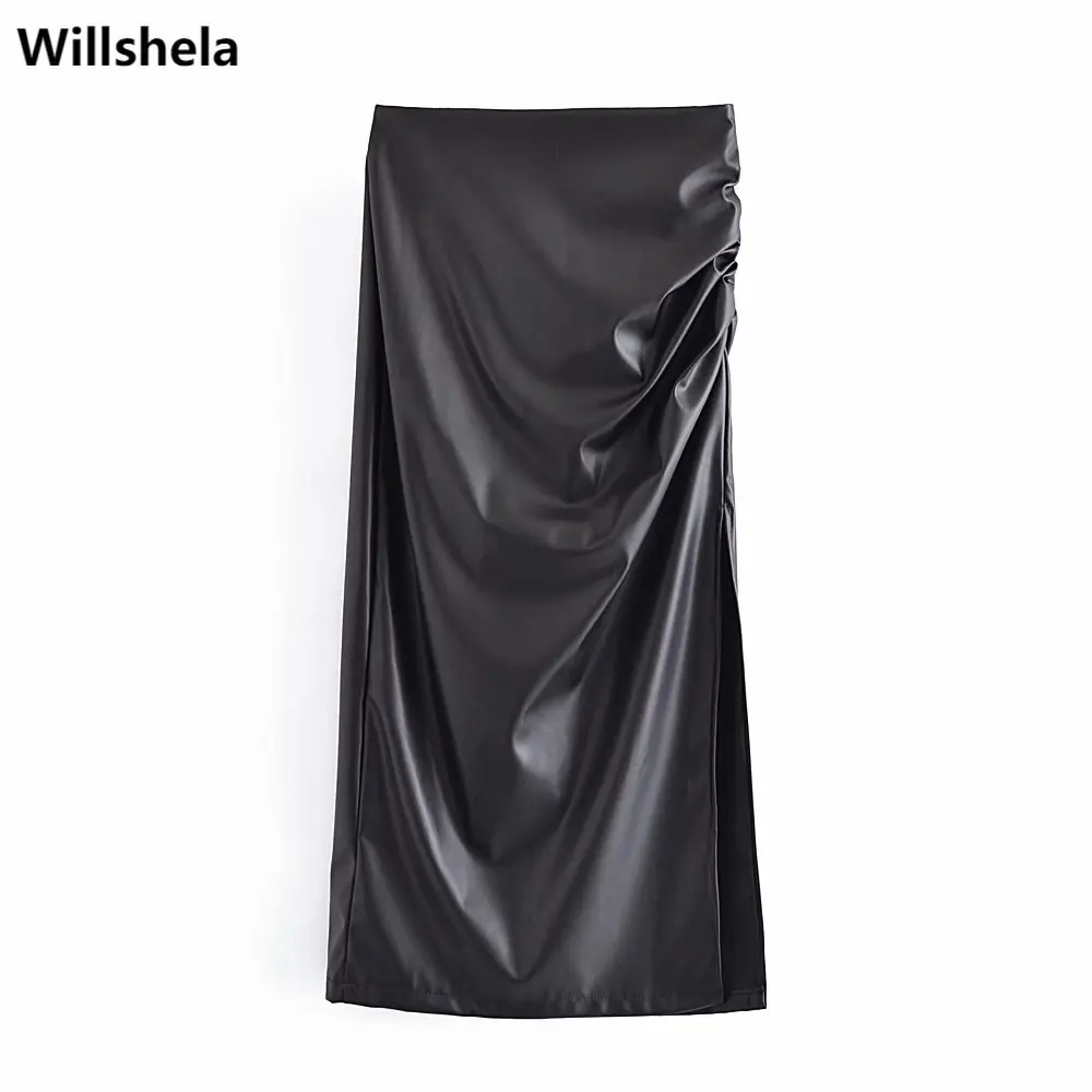 

Willshela Women Fashion Solid Faux Leather Side Slit Midi Skirt Vintage Back Zipper High-waist Casual Female Skirts