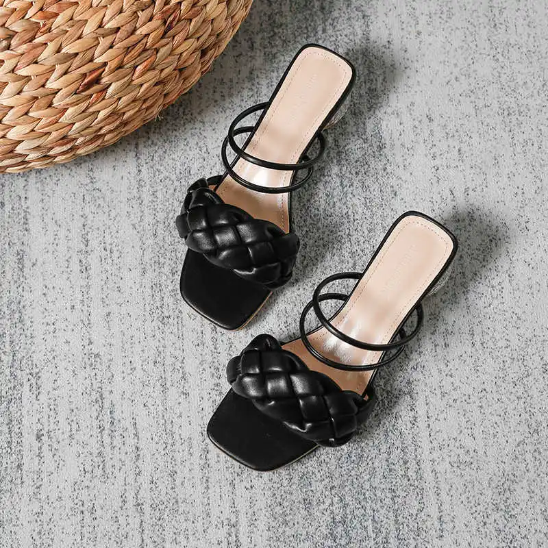 

One line sandals women 2021 summer new weave crystal heel French gentle wind size 31-43 sandals women