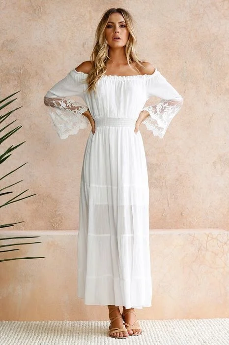 Привлекательное кружевное лоскутное платье принцессы с одним вырезом и расклешенными рукавами, женское пляжное платье невесты, длинная юб... от AliExpress WW