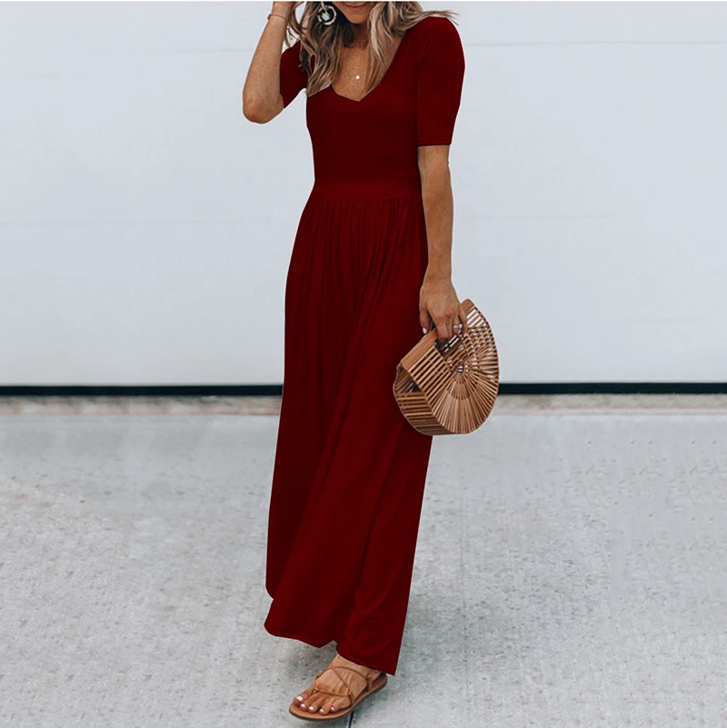 

S-3XL 2022 New Style Women Summer Fashion One Piece Outfit Crew Neck Short Sleeve Long Jumpsuits Monos Mujer Elegante