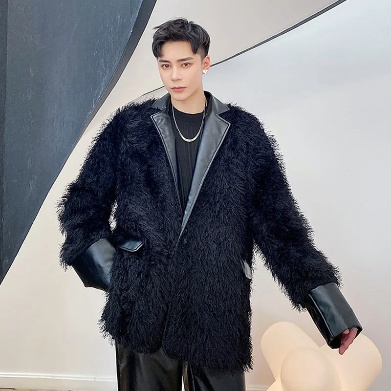 

Male Stage Fashion Show Faux Fur Coat Overcoat Men Winter False Ferret Fur Splice Leather Casual Vintage Suit Jacket Outerwear