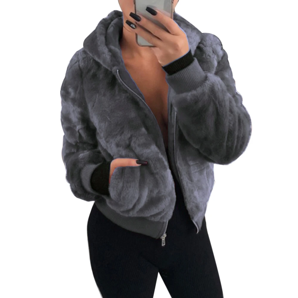 gray LITTHING зимнее короткое пальто из искусственного меха, Женская куртка на молнии, утепленное плюшевое пальто из искусственного меха с капюшоном и карманами, пальто из флиса с отложным воротником - Цвет: gray